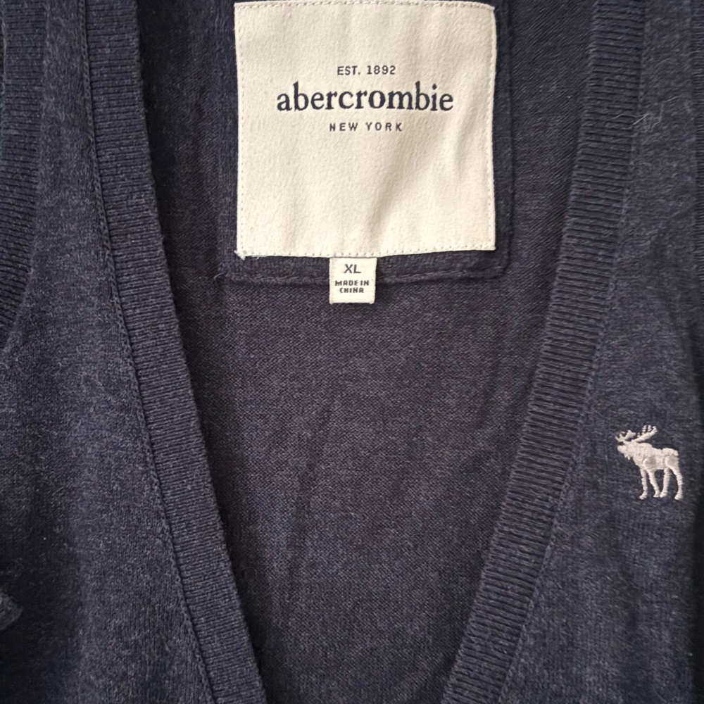 SOLD Abercrombie & Fitch Navy V-Neck Sweater with White Moose Logo